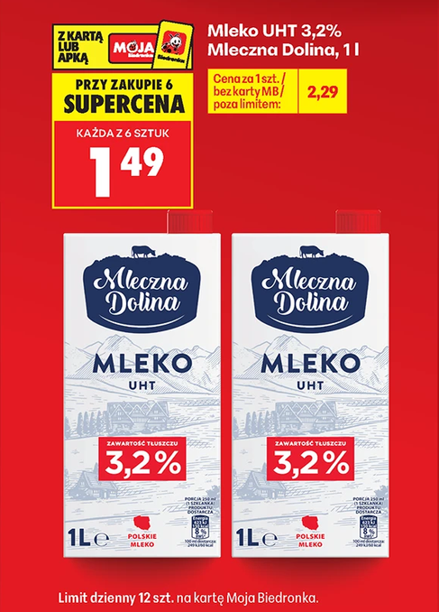 Mleko UHT 3.2% Mleczna Dolina 1 L (przy zakupie 6 opakowań) - Biedronka