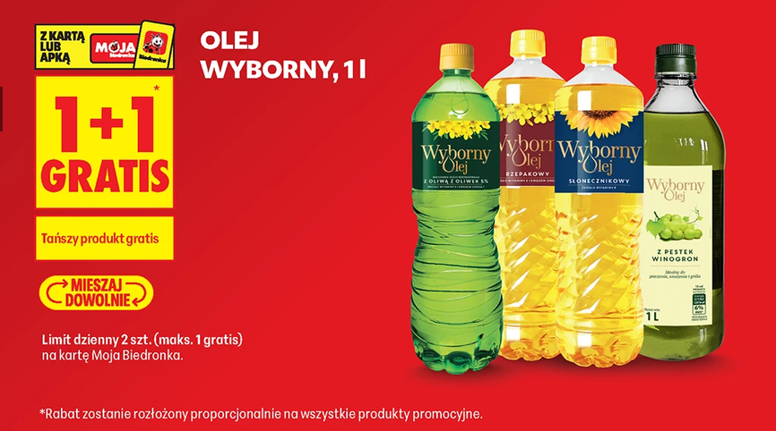 Olej Wyborny różne rodzaje 1 L (1+1 GRATIS) - Biedronka