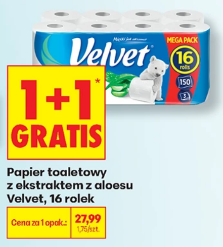 Papier toaletowy z ekstraktem z aloesu VELVET 16 rolek (1+1 GRATIS) - Biedronka