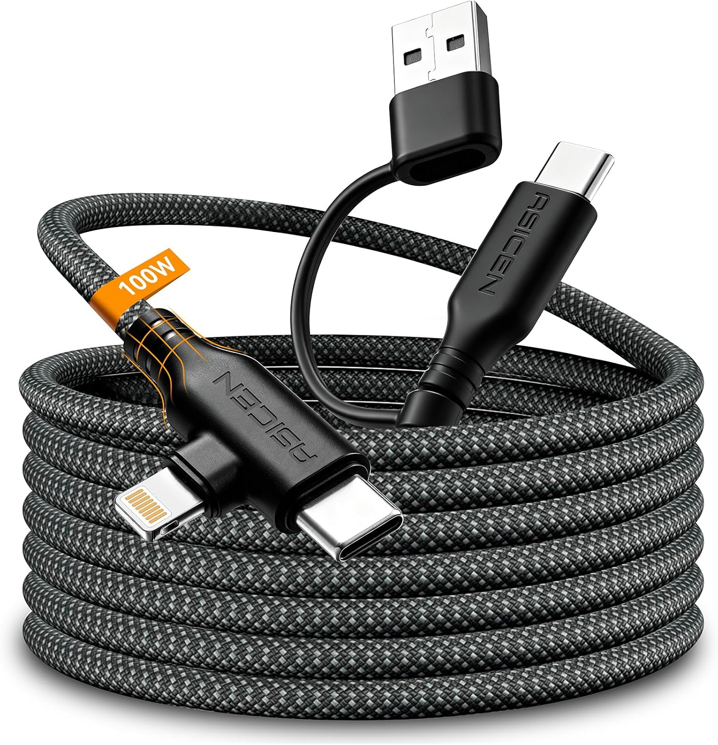 ASICEN Kabel do szybkiego ładowania 100 W 4 w 1 kabel USB A/C do Lightning kąt prosty 90 stopni nylonowy oplot