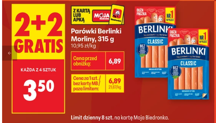 Parówki Berlinki Morliny 315g (2+2 GRATIS) - Biedronka