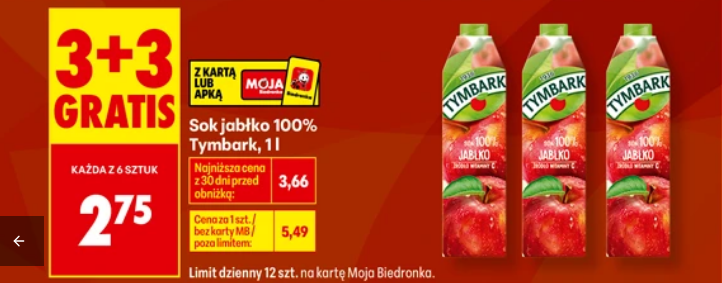 Sok jabłko 100% Tymbark 1 L (3+3 GRATIS) - Biedronka