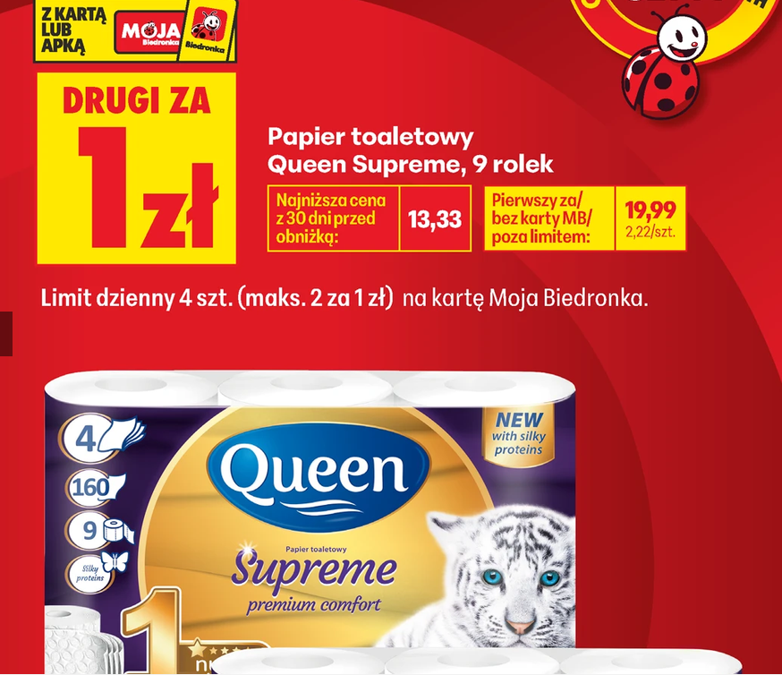 Papier toaletowy Queen Supreme 9 rolek (drugi produkt za 1 PLN) - Biedronka