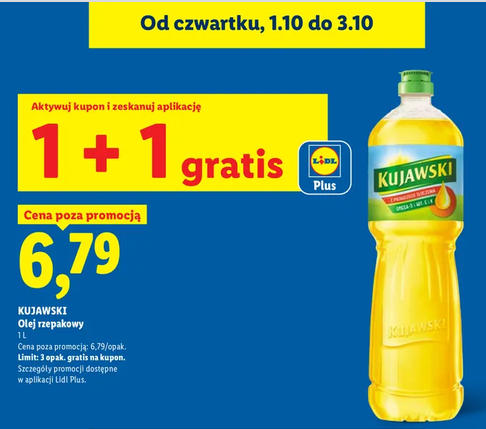Olej rzepakowy KUJAWSKI 1 L (1+1 GRATIS) - LIDL