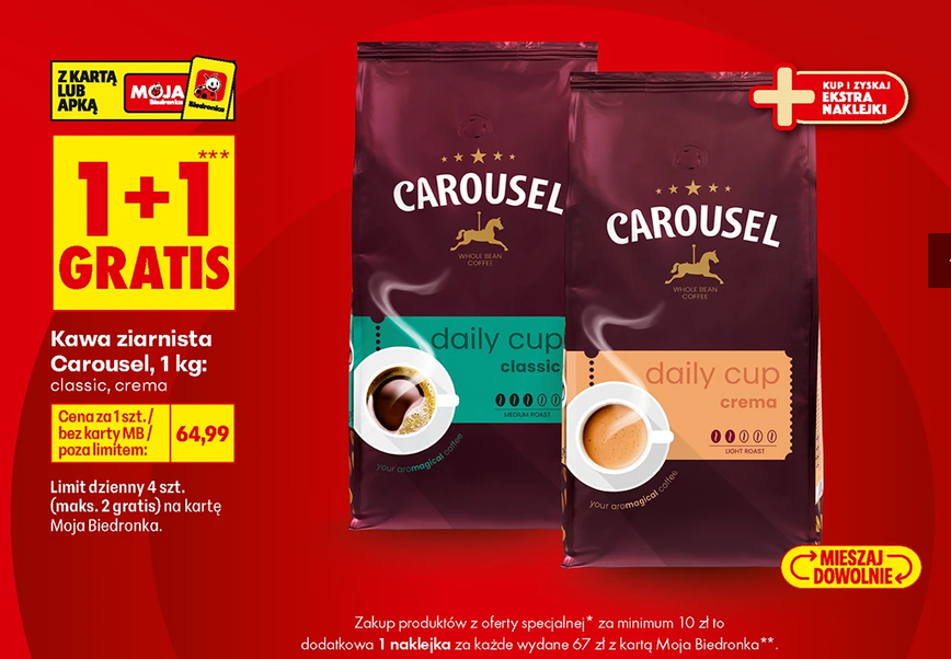 Kawa ziarnista Carousel 1 KG 2 rodzaje do wyboru (1+1 GRATIS) - Biedronka