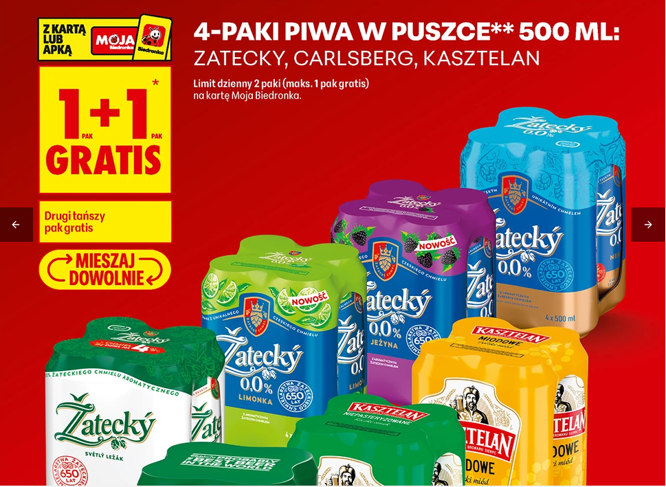 4-paki piwa w puszce 500 ML Zatecky Carlsberg Kasztelan (1+1 GRATIS) - Biedronka