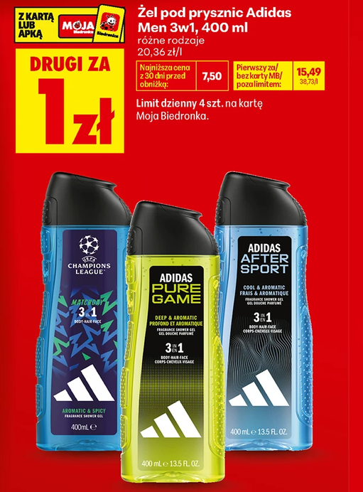 Żel pod prysznic Adidas Men 3w1 400ml różne rodzaje (drugi produkt za 1 PLN) - Biedronka