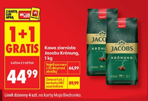 Kawa ziarnista Jacobs Kronung 1 KG ( 1+1 GRATIS) - Biedronka
