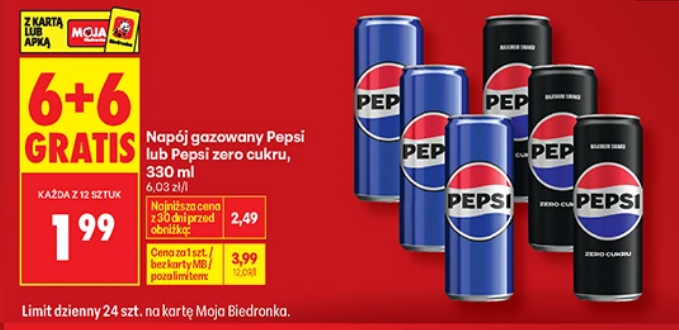 Napój gazowany Pepsi lub Pepsi Zero Cukru 330 ML (6+6 GRATIS) - Biedronka