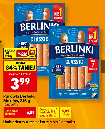 Parówki Berlinki Morliny 315g (przy zakupie 2 opakowań) - Biedronka