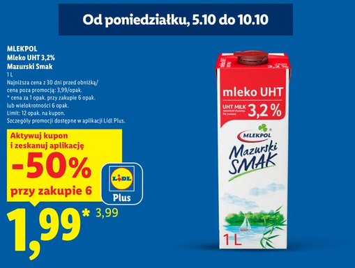 MLEKPOL Mleko UHT 3.2% "mazurski Smak" 1 L (przy zakupie 6 opakowań) - LIDL