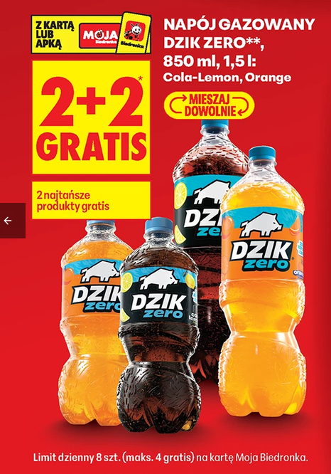 Napój gazowany Dzik Zero 850-1500 ML 2 rodzaje (2+2 GRATIS) - Biedronka