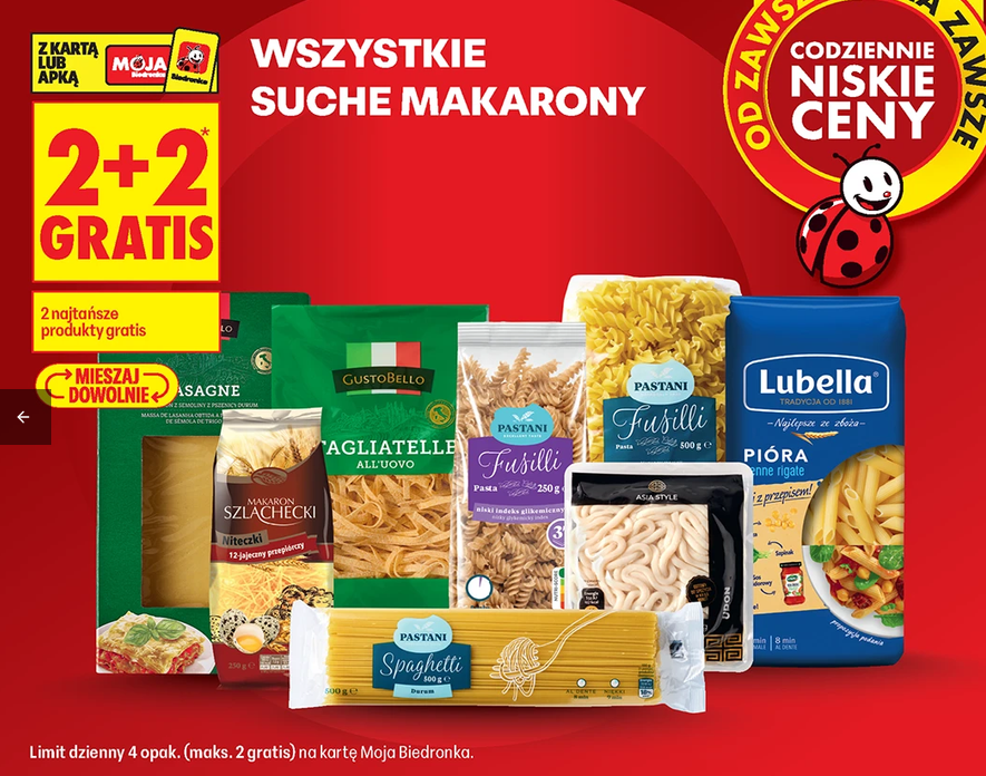 Wszystkie suche makarony (2+2 GRATIS) - Biedronka