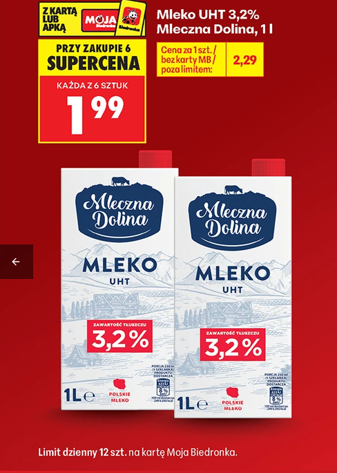 Mleko UHT 3.2% Mleczna Dolina 1 L (Przy zakupie 6 op.) - Biedronka