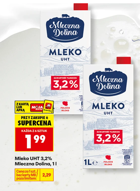 Mleko UHT 3.2% Mleczna Dolina 1L (przy zakupie 6 op.) - Biedronka
