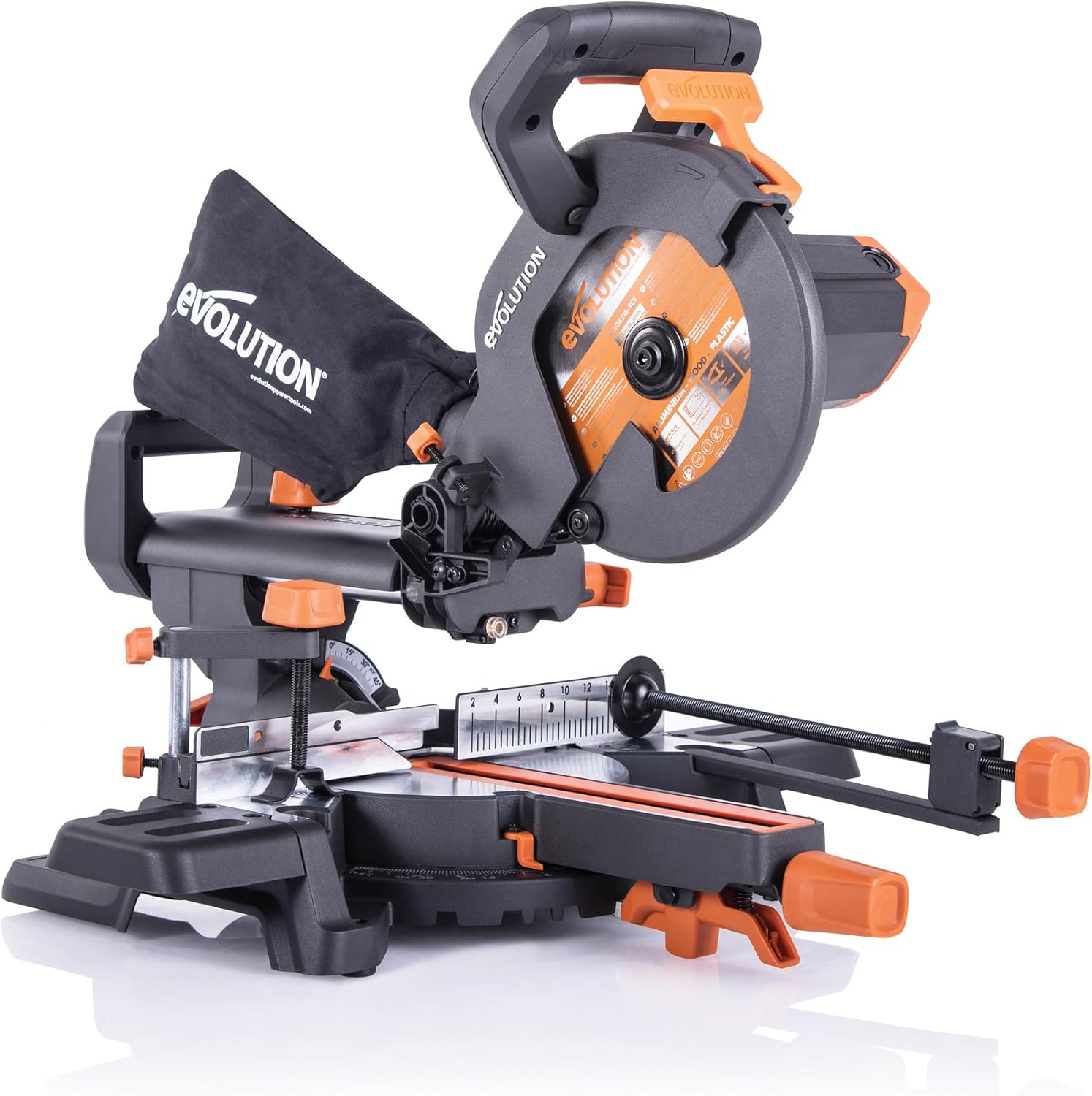 Evolution Power Tools Przesuwna ukośnica do cięć złożonych Plus R210SMS+ – w zestawie tarcza do różnych materiałów