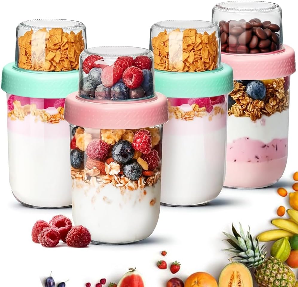 4 SZTUKI - ComSaf Kubki na Jogurt i Musli 480+120 ml z Przegródką - szklane