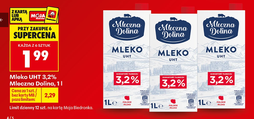 Mleko UHT 3.2% Mleczna Dolina 1 L (przy zakupie 6 opakowań) - Biedronka