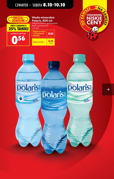 Woda mineralna POLARIS 500 ML różne rodzaje (przy zakupie 9 sztuk - zgrzewka) - Biedronka