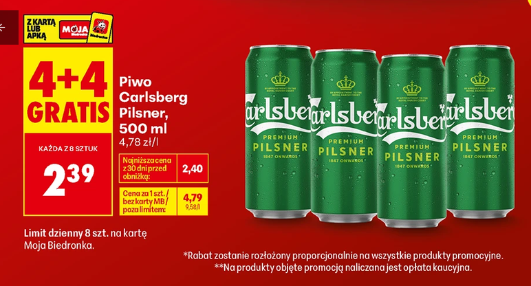 Piwo Carlsberg Pilsner 500 ML (4+4 GRATIS) - Biedronka