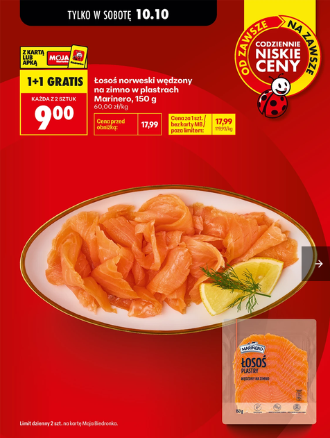 Łosoś norweski wędzony na zimno w plastrach Marinero 150g (1+1 GRATIS) - Biedronka