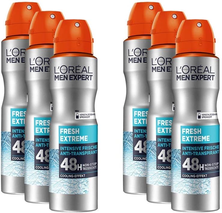 6 SZTUK - L'Oréal Paris Men Expert Fresh Extreme 72H – antyperspirant w sprayu o działaniu ultra-chłodzącym 150 ML