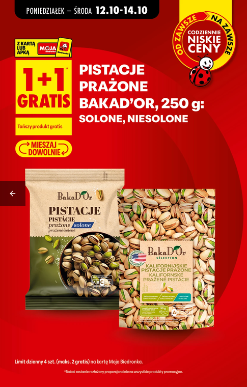 Pistacje prażone solone lub niesolone BKAD'OR 250g (1+1 GRATIS) - Biedronka