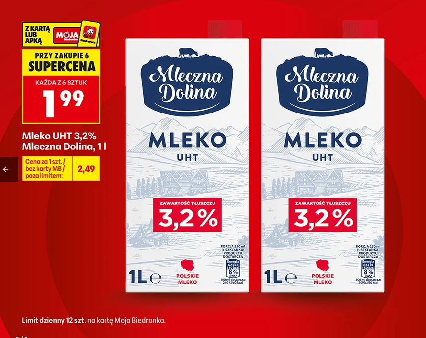Mleko UHT 3.2% Mleczna Dolina 1 L (przy zakupie 6 op.) - Biedronka
