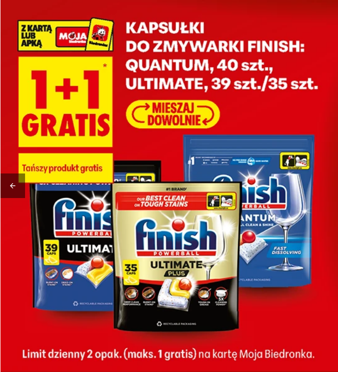 Kapsułki do zmywarki FINISH Quantum 40 szt Ultimate 39 szt./35szt. (1+1 GRATIS) - Biedronka