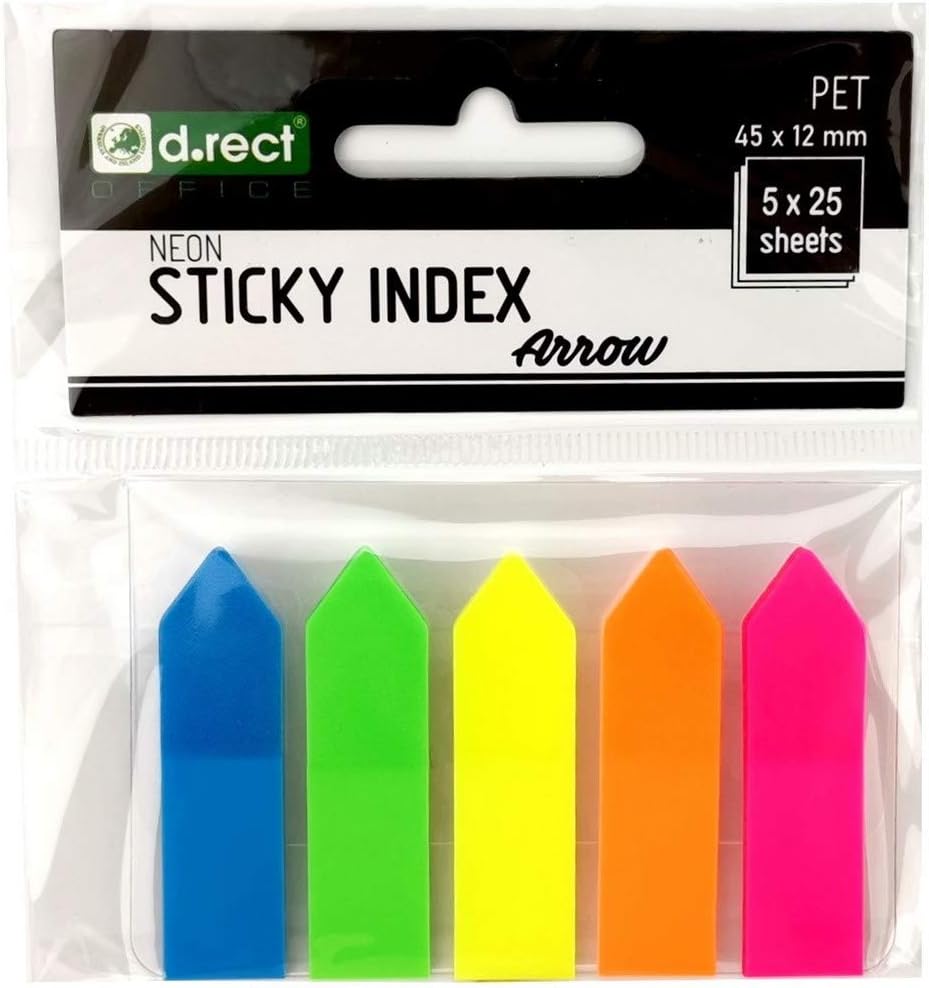 D_RECT Zakładki Indeksujące Samoprzylepne Strzałki 125 sztuk – Neonowe Paski PET 45 x 12 mm – 5 Kolorów x 25 Sztuk