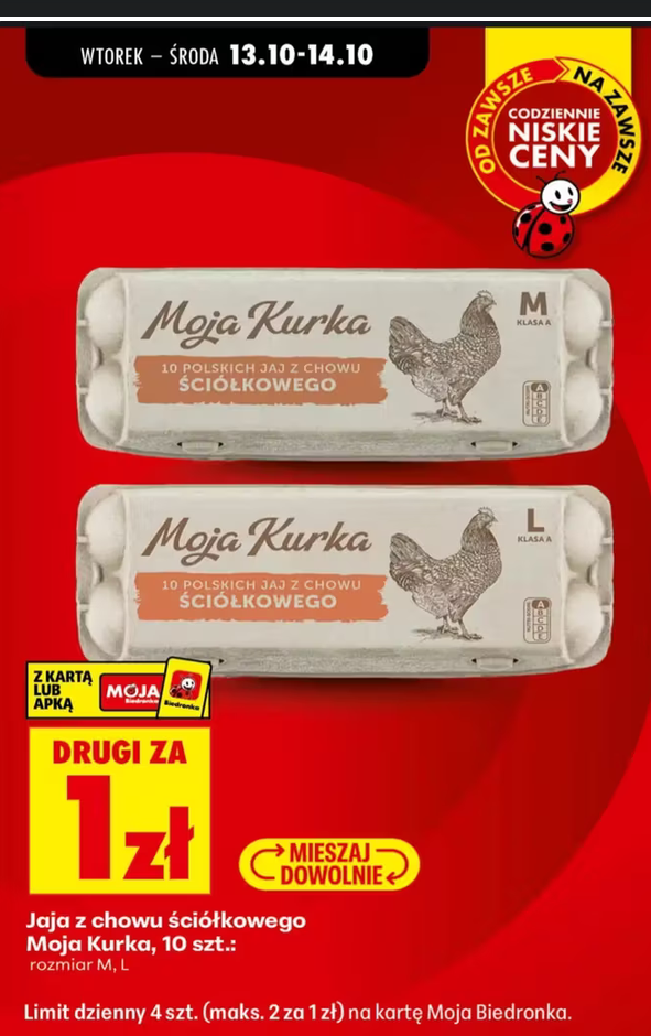 Jaja z chowu ściółkowego Moja Kurka rozm. M lub L (drugie opakowania za 1 PLN) - Biedronka