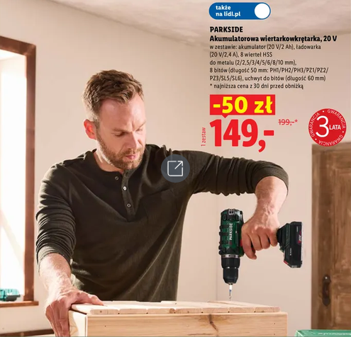 ZESTAW: PARKSIDE® Akumulatorowa wiertarkowkrętarka 20 V (z akumulatorem i ładowarką)