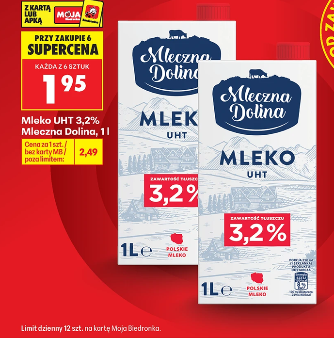 Mleko UHT 3.2% Mleczna Dolina 1 L (Przy zakupie 6 op.) - Biedronka