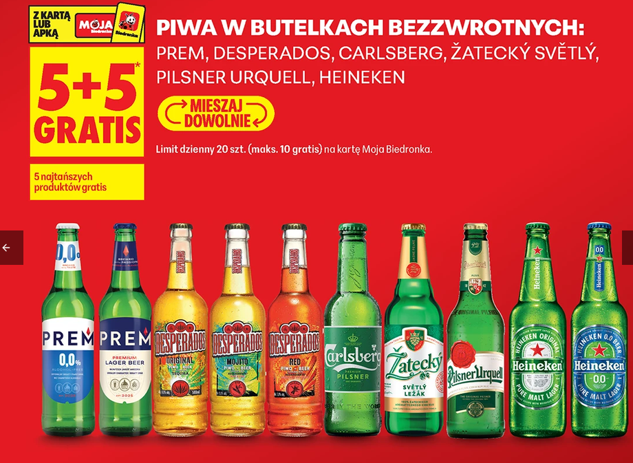 Piwa w butelkach bezzwrotnych (jakie - opis) (5+5 GRATIS) - Biedronka