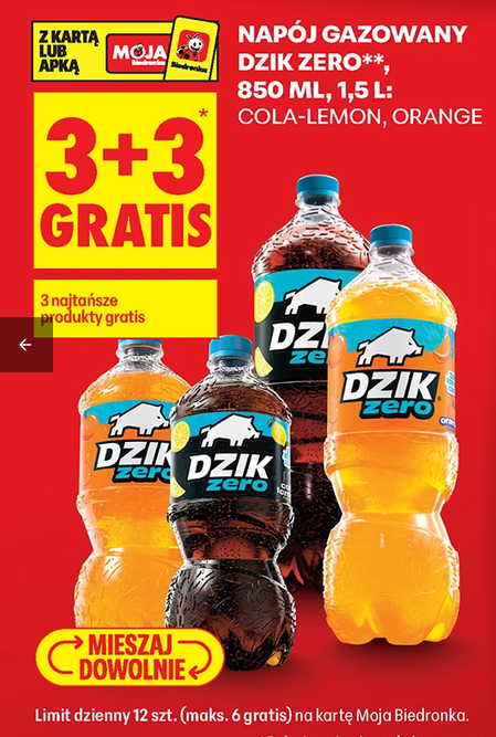 Napój gazowany DZiK ZERO 850 ML 1.5 L (3+3 GRATIS) - Biedronka