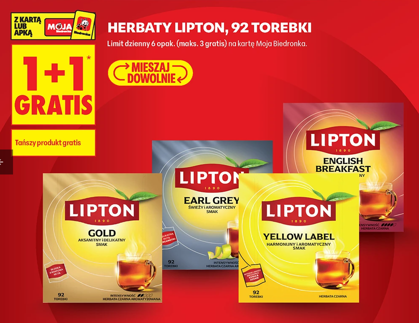 Herbaty LIPTON 92 TOREBKI (1+1 GRATIS) - BIedronka