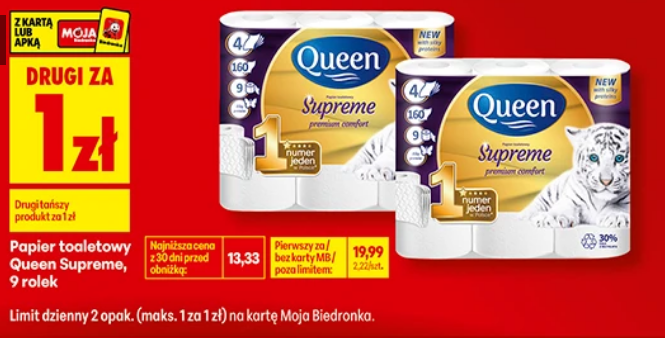 Papier toaletowy Queen Supreme 9 rolek (drugi produkt za 1 PLN) - Biedronka
