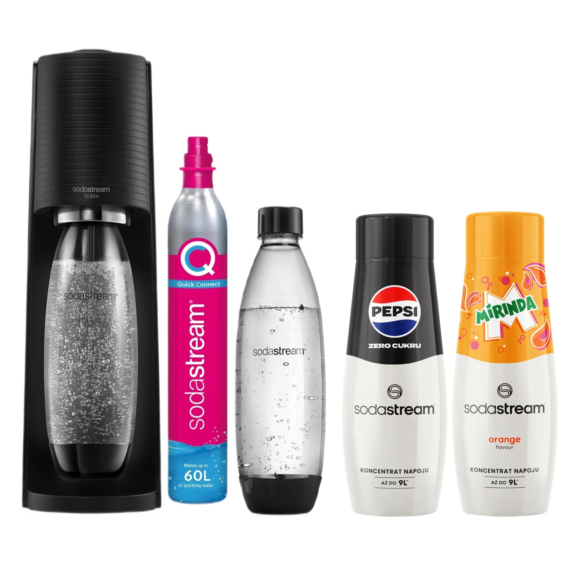 Saturator SODASTREAM Terra Czarny + 2 butelki + Syrop do saturatorów SODASTREAM Pepsi Zero 440 ml bez cukru + Syrop do saturatorów SODASTREAM Mirinda 440 ml