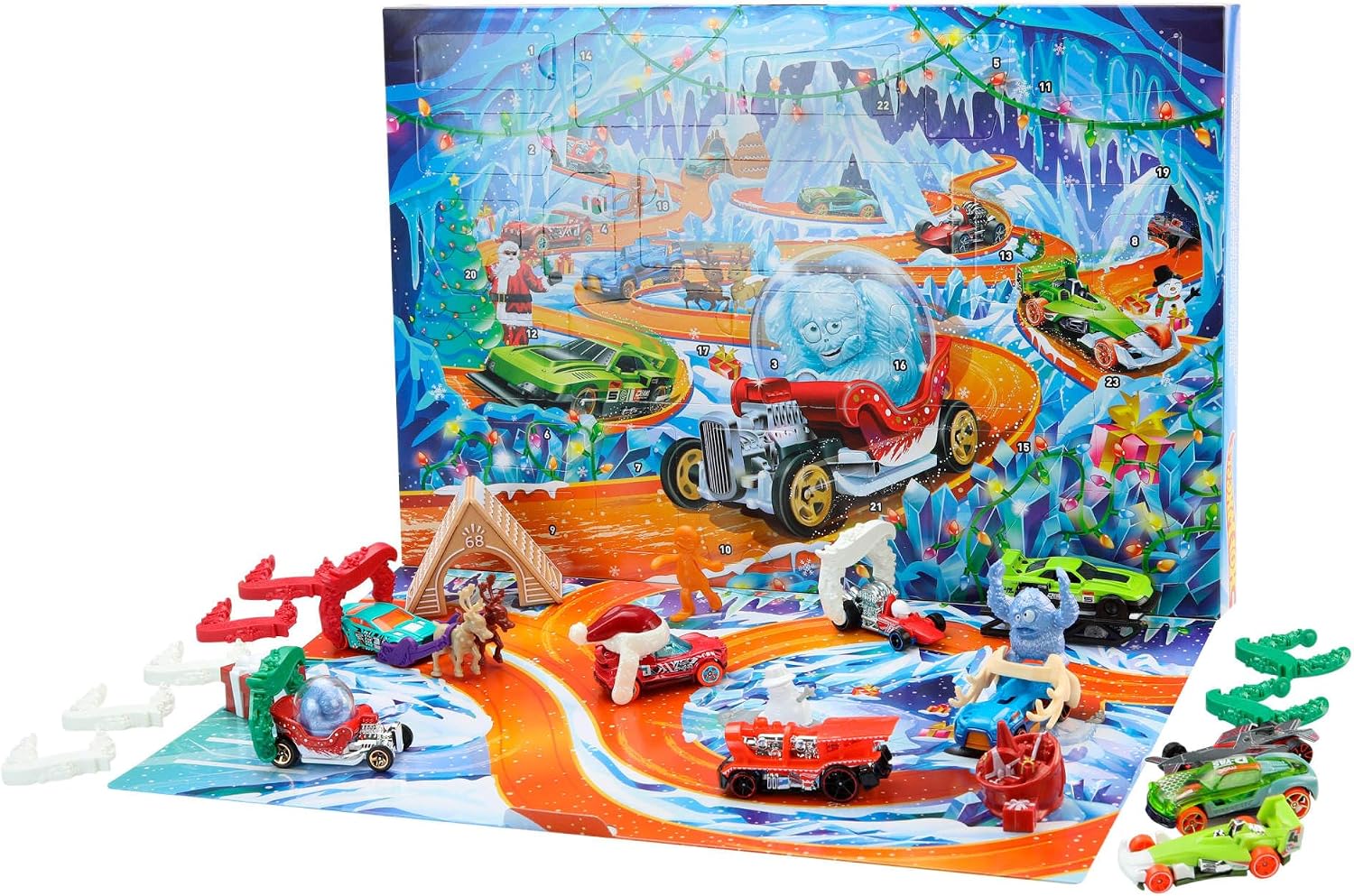 Hot Wheels Kalendarz adwentowy 2026: Z 10 pojazdami w skali 1:64 14 zimowymi akcesoriami i 10 klipsami z ornamentami JLG41