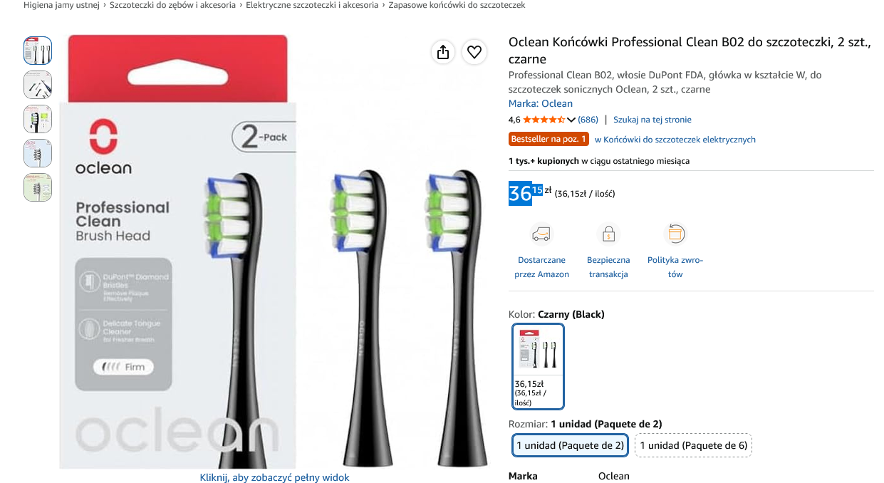 Oclean Końcówki Professional Clean B02 do szczoteczki 2 szt. czarne