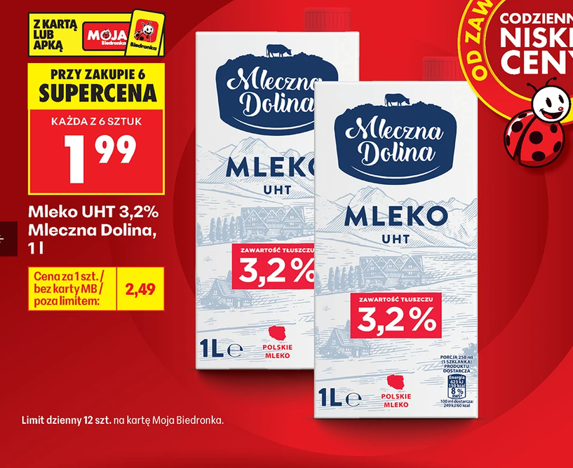 Mleko UHT 3.2% Mleczna Dolina 1 L (przy zakupie 6 op.) - Biedronka
