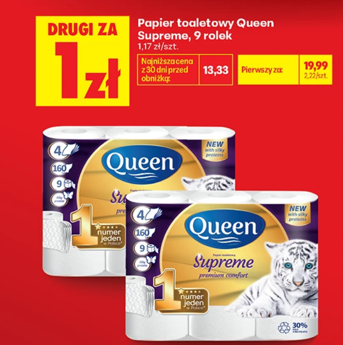 Papier toaletowy QUEEN Supreme 9 rolek (drugi produkt za 1 PLN) - Biedronka