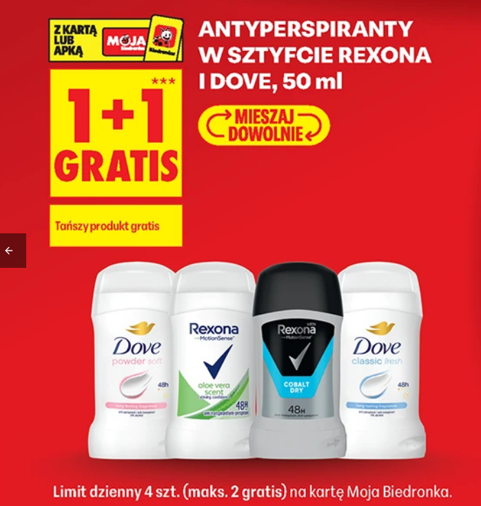 Antyperspiranty w sztyfcie REXONA i DOVE 50 ML (1+1 GRATIS) - Biedronka