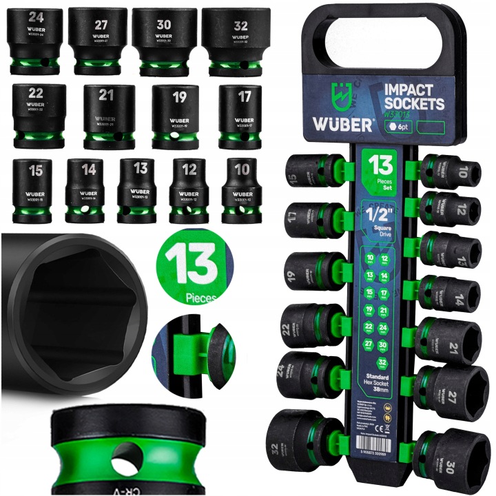 NASADKI UDAROWE ZESTAW NASADEK 13 SZT. 1/2" 6-KĄTNE KRÓTKIE NASADKI 10-32MM - od Oficjalny sklep Wuber