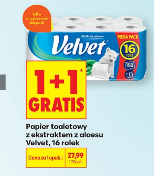 Papier toaletowy z ekstraktem z aloesu VELVET 16 rolek (1+1 GRATIS) - Biedronka