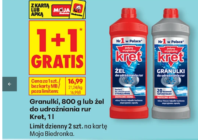 KRET granulki 800g lub żel do udrożniania rur 1 L (1+1 GRATIS) - Biedronka