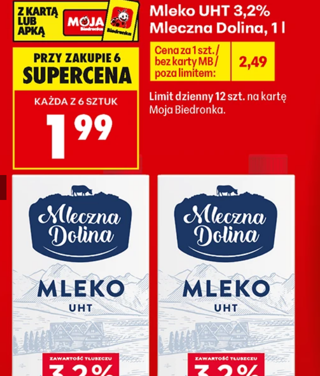 Mleko UHT 3.2% Mleczna Dolina 1 L (przy zakupie 6 op.) - Biedronka