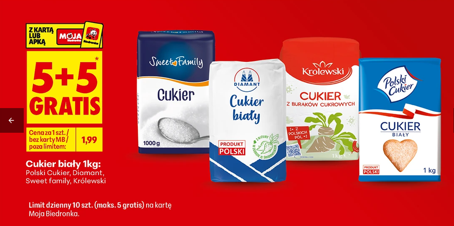 Cukier biały 1 KG różne rodzaje (5+5 GRATIS) - Biedronka