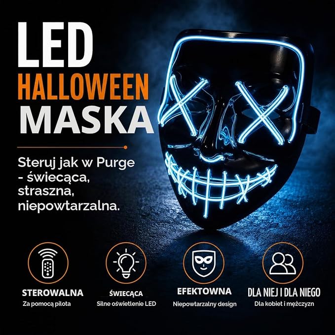 FASCHINFEVER Maska czyszcząca LED – maska kostiumowa sterowana na Halloween karnawał