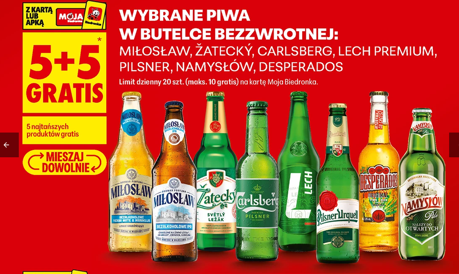 Wybrane Piwa w butelce Bezzwrotej: Mirosław Żatecky Carlsberg Lech Premium Pilsner Namysłów Desperados (5+5 GRATIS) - Biedronka